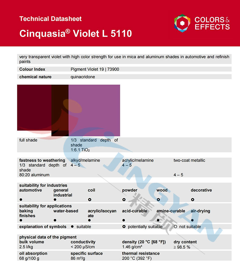 巴斯夫L5110高透明喹吖啶酮顏料TDS技術報告